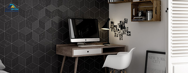 Phòng làm việc cá tính với gạch dán tường đen